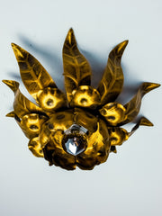 Ferro Art Spanish Sunburst Ceiling Light, Gilt Wrought Iron, 1960s