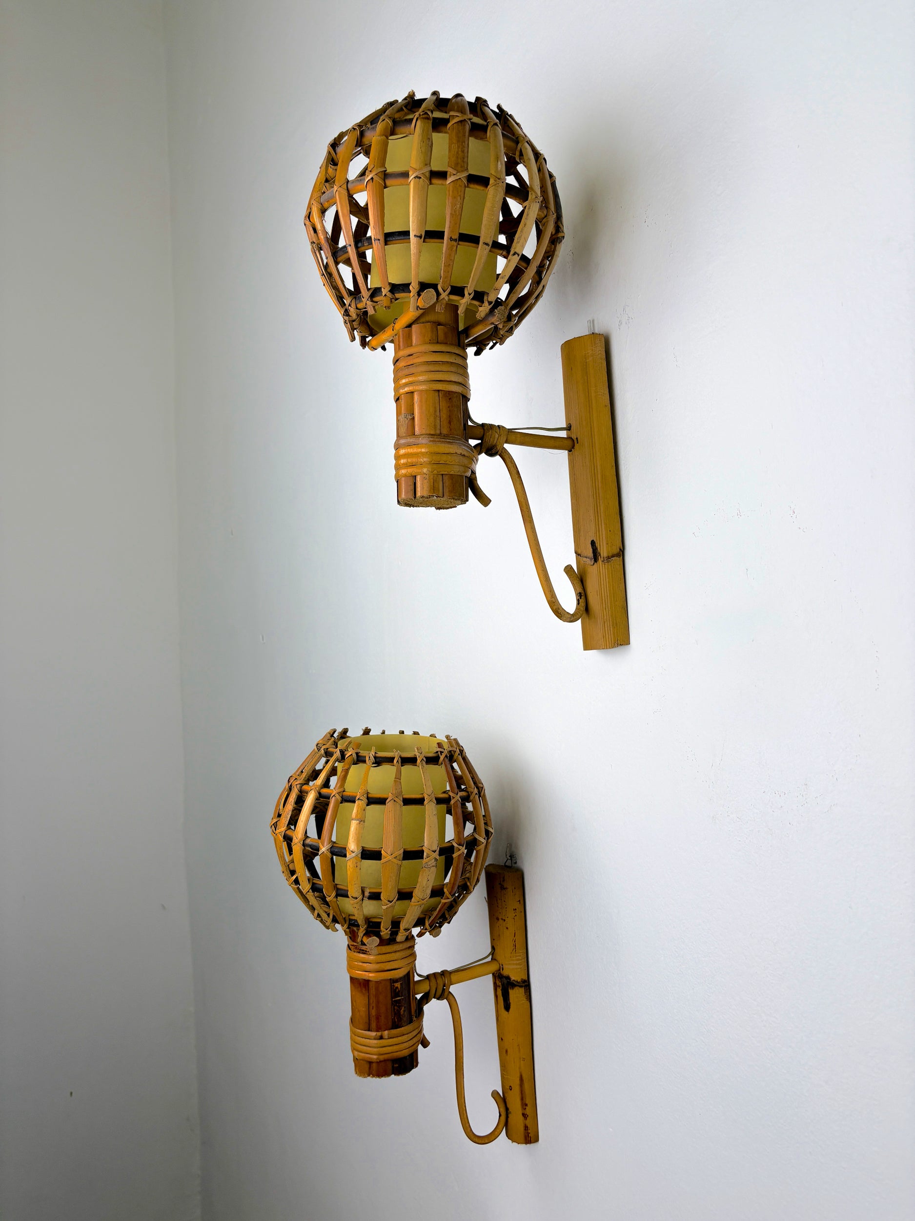 Pair of Mid-Century Rattan Wall Sconces, Italy 1970s