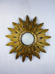 Flower Sunburst Ceiling Light Fixture, Gold Leaf Gilt Iron & Milk Glass, Spain, 1950s