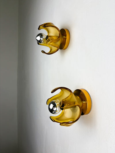 Pair of Carlo Nason sconces for Mazzega Murano, Orange murano blown glass Italy 1970