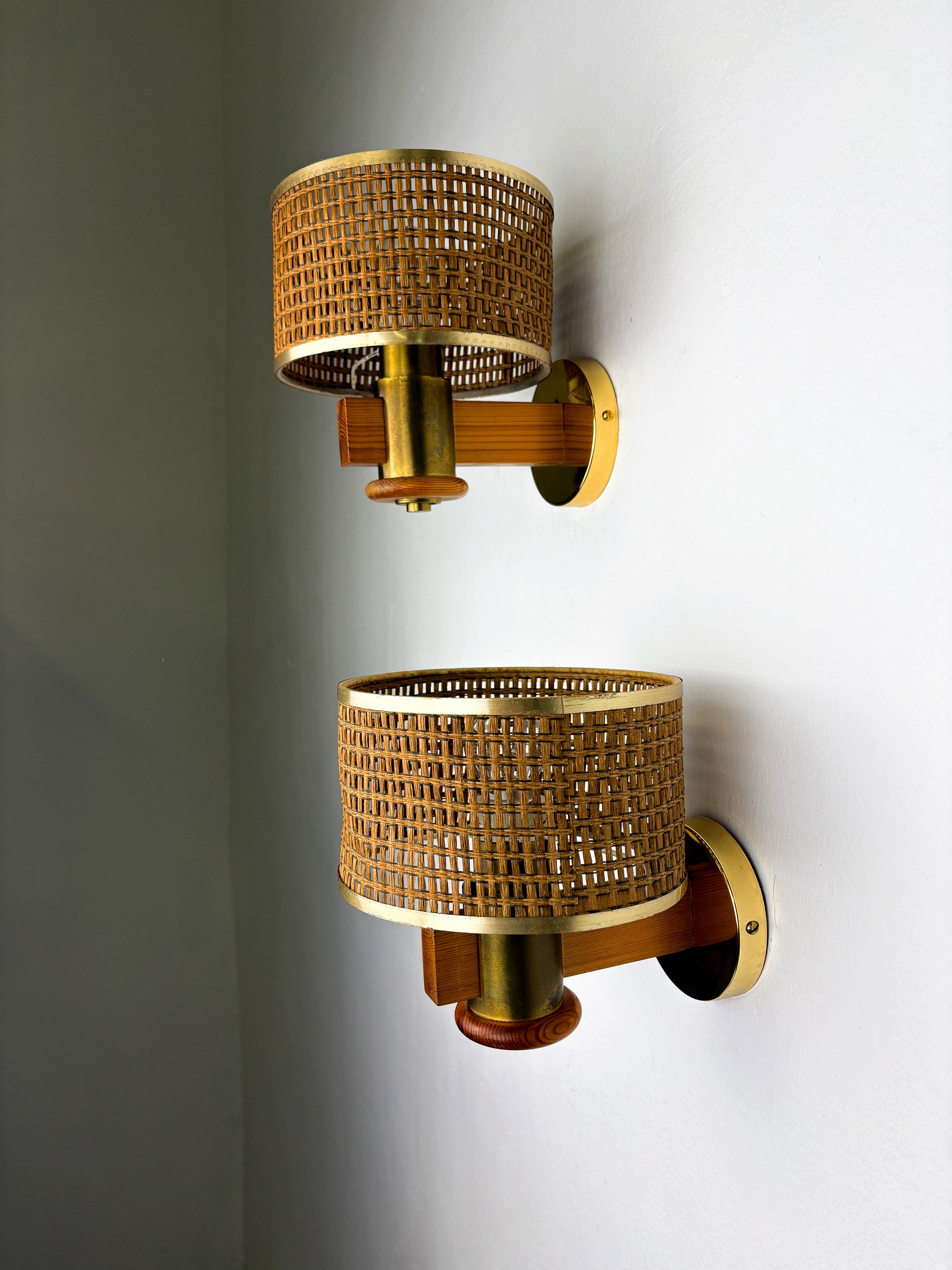 Pair of Vintage Rattan & Wood Wall Sconces, Italy, 1970's