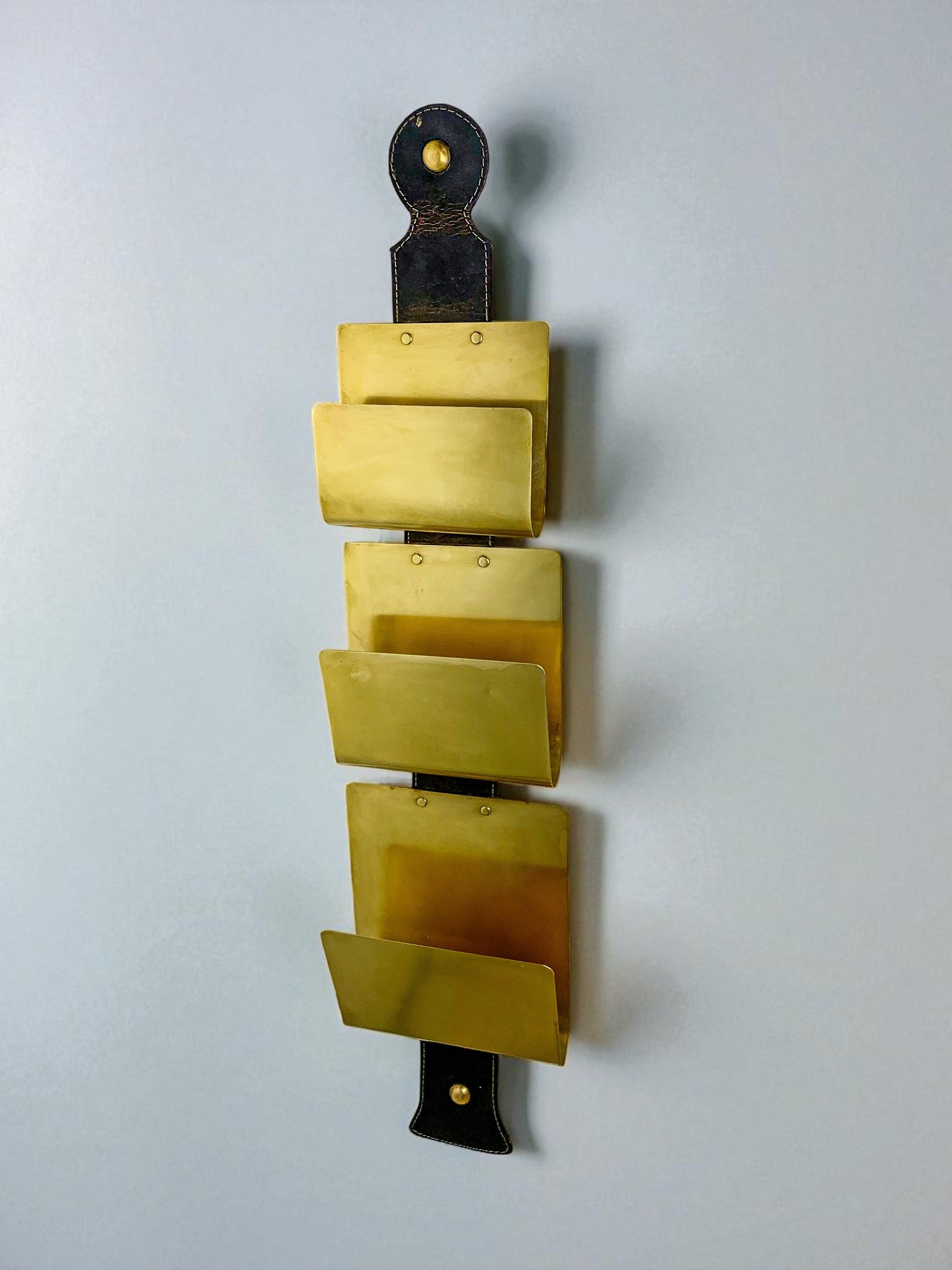 Valenti Brass & Leather Wall-Mounted Magazine Rack, Spain, 1970s