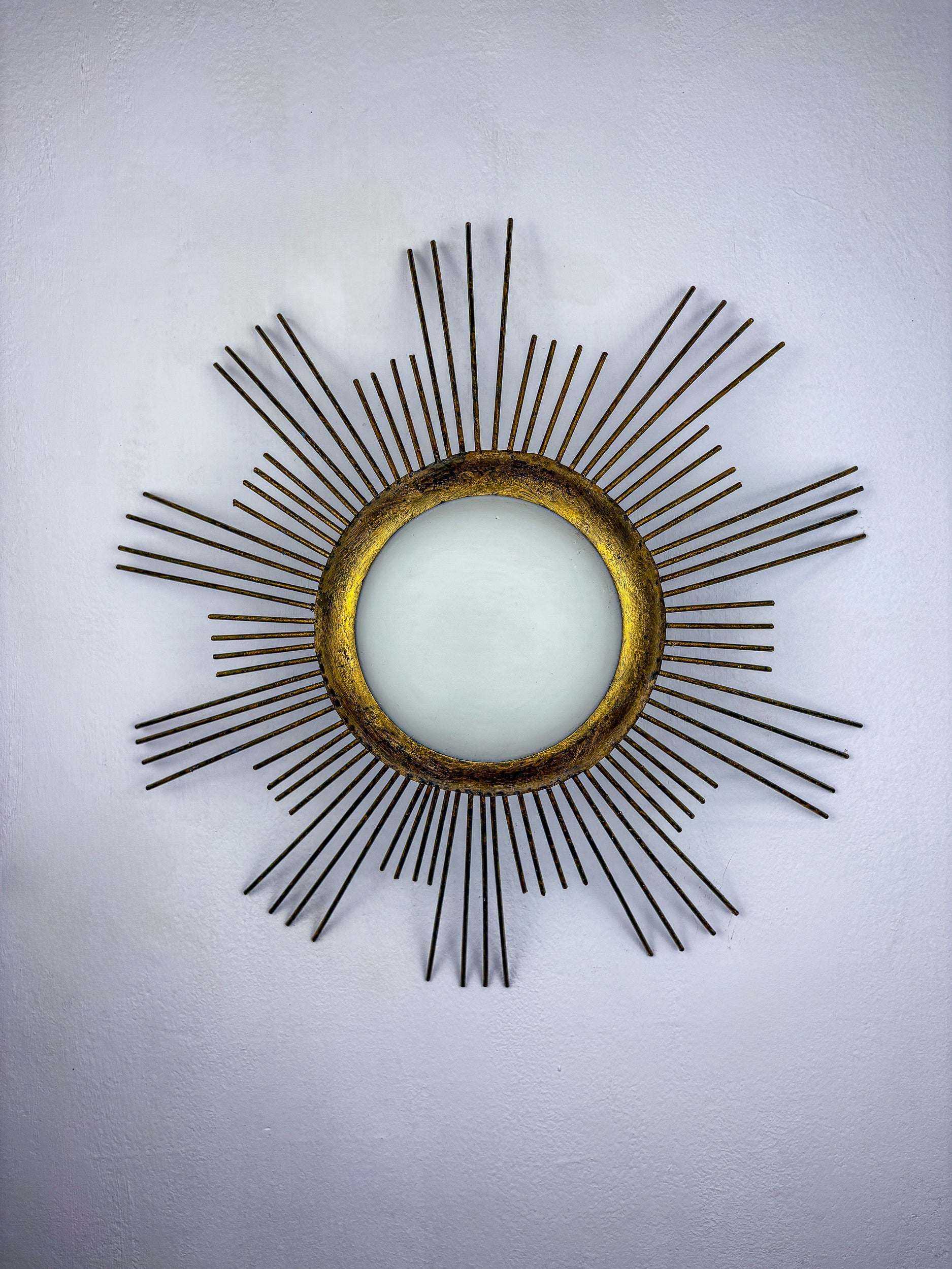 Large Sunburst Brutalist Ceiling Flush Mount or Pendant – Gilt Iron Rays & Opaline, France, 1950s