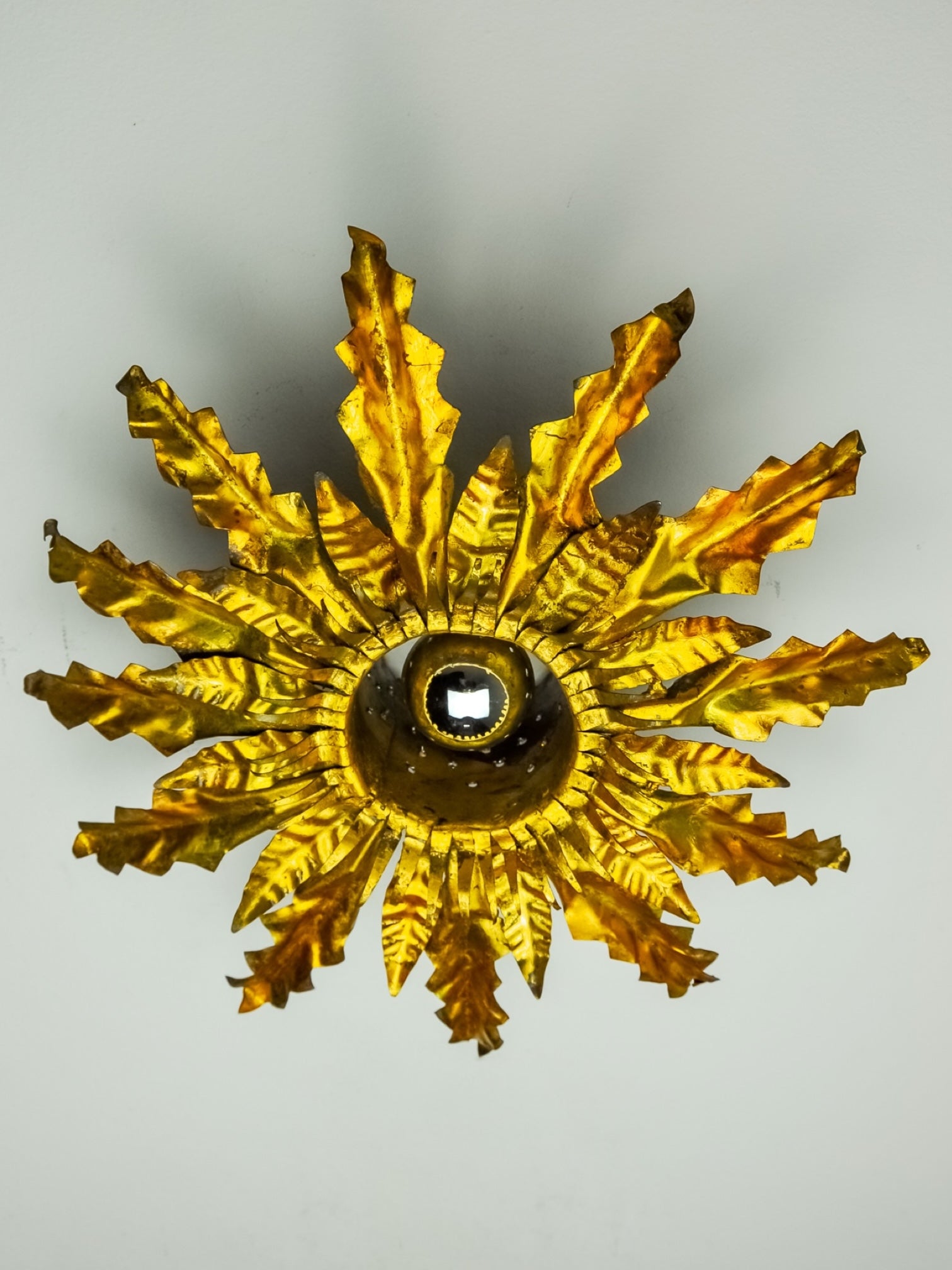 Brutalist Spanish Sunburst Ceiling Light, Gilt Metal Floral Rays, 1950s