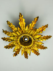Brutalist Spanish Sunburst Ceiling Light, Gilt Metal Floral Rays, 1950s