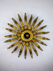 Large French Sunburst Flower Leafed Light Fixture in Gilt Metal, 1960's