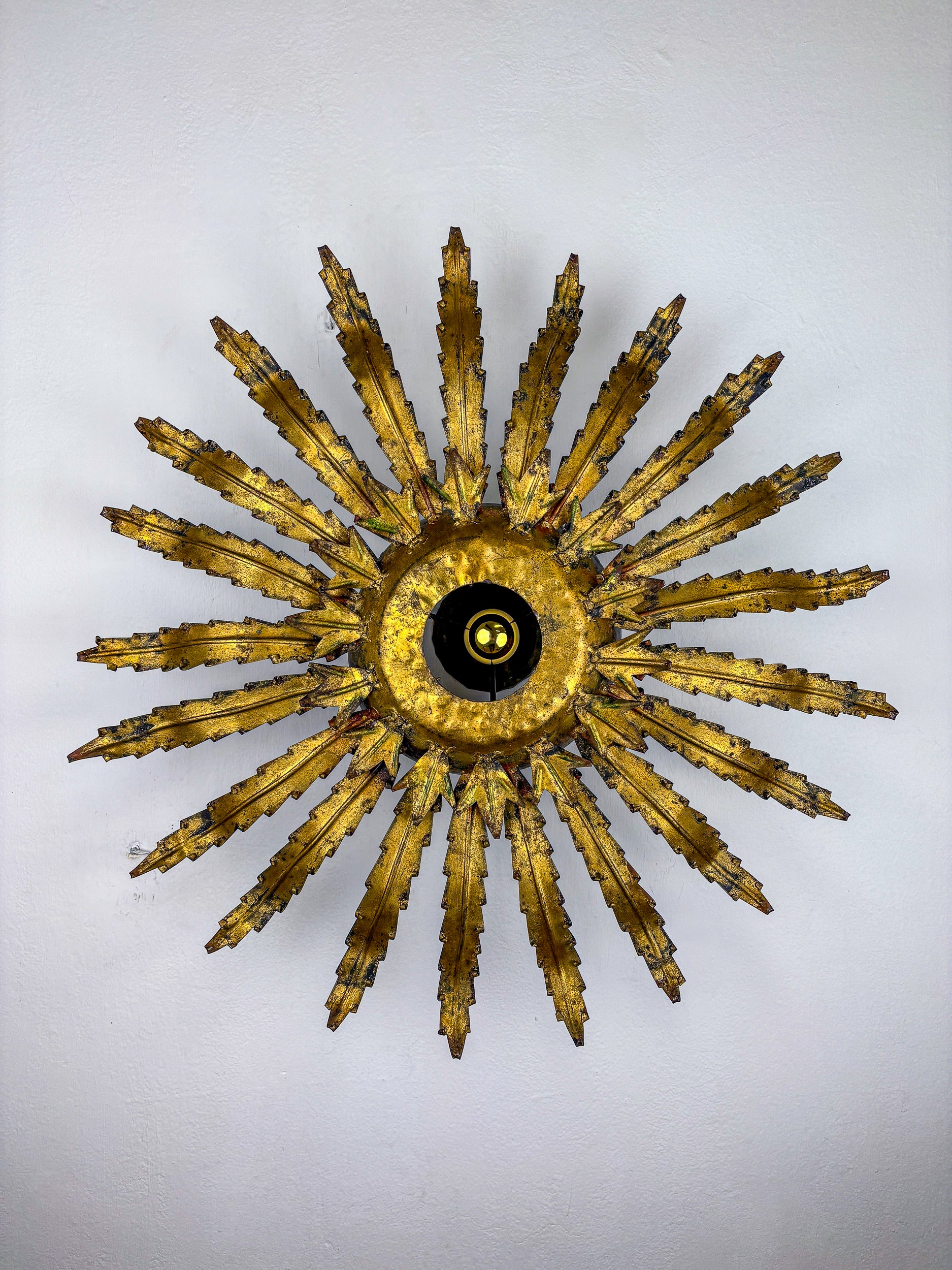 Large French Sunburst Flower Leafed Light Fixture in Gilt Metal, 1960's
