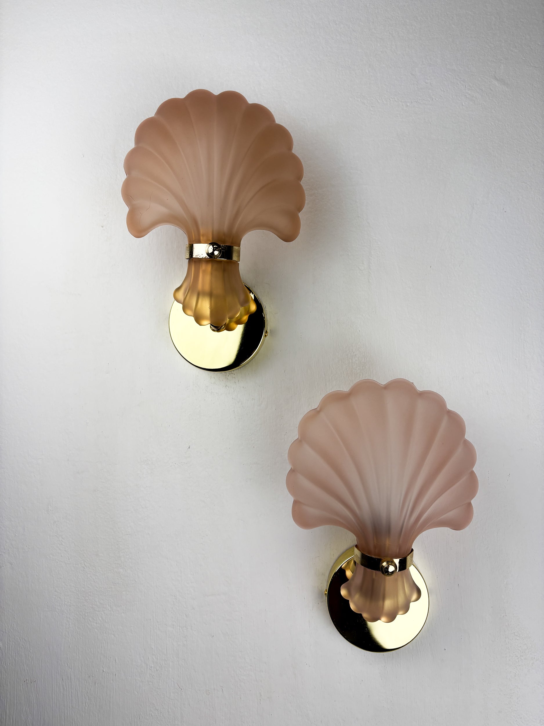 Pair of Art Deco Shell Wall Sconces – White frosted Glass, France 1970s