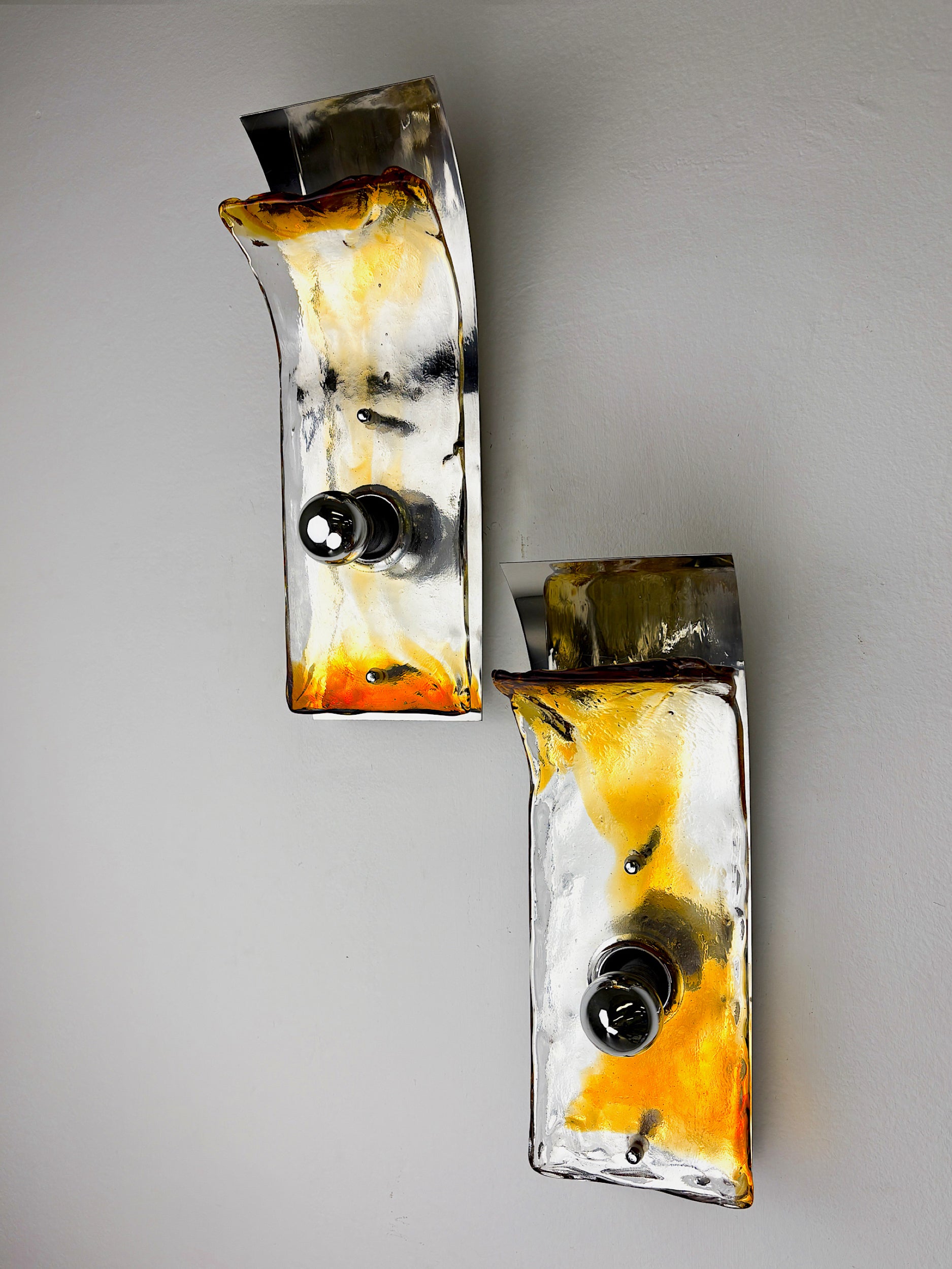 Pair of Murano Mazzega Orange & Clear Glass Wall Sconces, Italy, 1970s