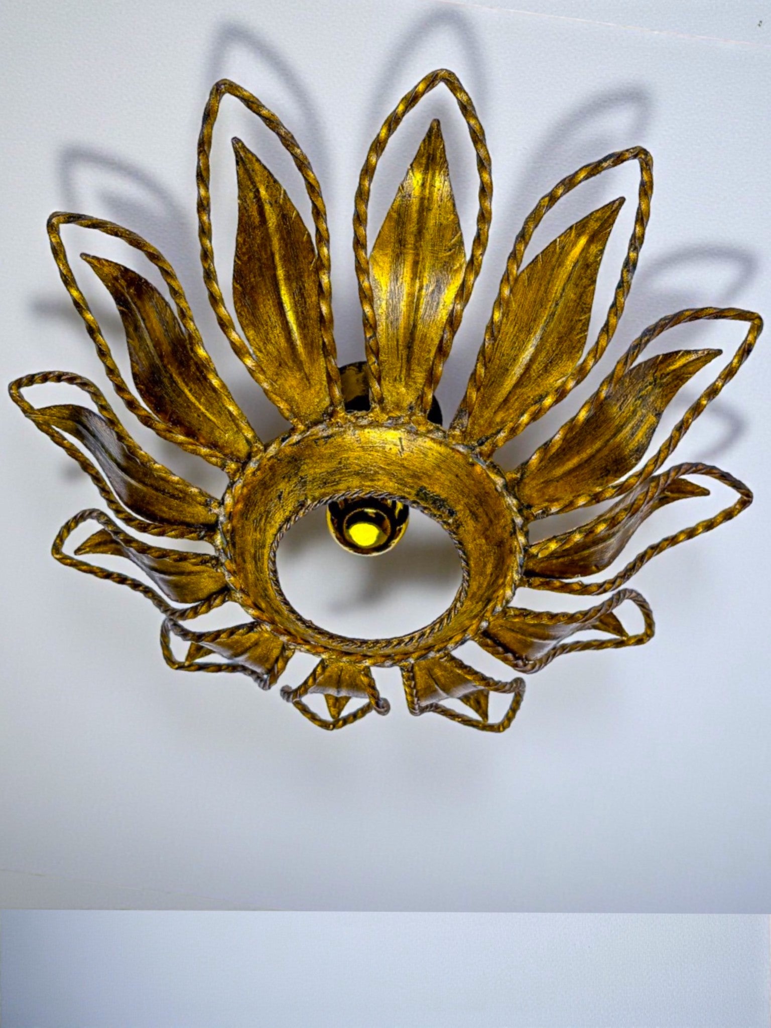 Sunburst ceiling light fixture or sconce, Gilt Iron & Exposed Bulb France, 1970's