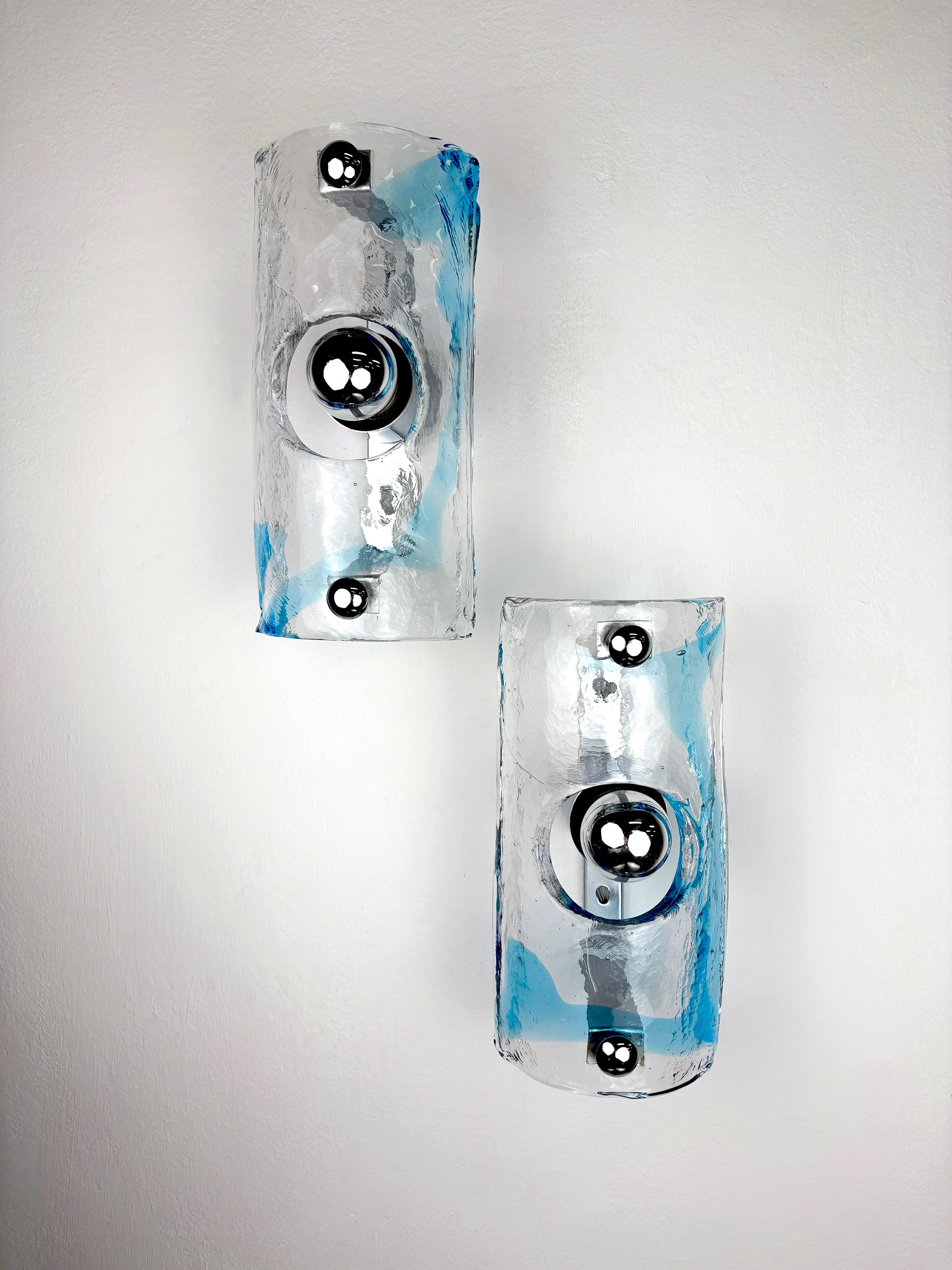 Pair of Clear Blue Murano Wall Sconces by Av Mazzega, Italy 1970s