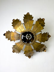 Spanish Sunburst Flush Mount Light Fixture in Gilt Iron, Circa 1970's