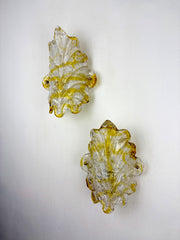 Pair of Orange Murano Frosted Leaf Sconces, Textured Glass & Gilt Details, Italy 1970s