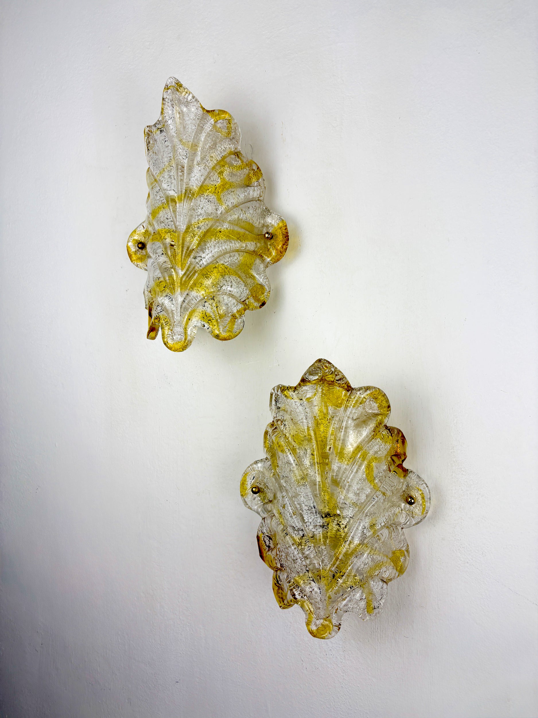 Pair of Orange Murano Frosted Leaf Sconces, Textured Glass & Gilt Details, Italy 1970s
