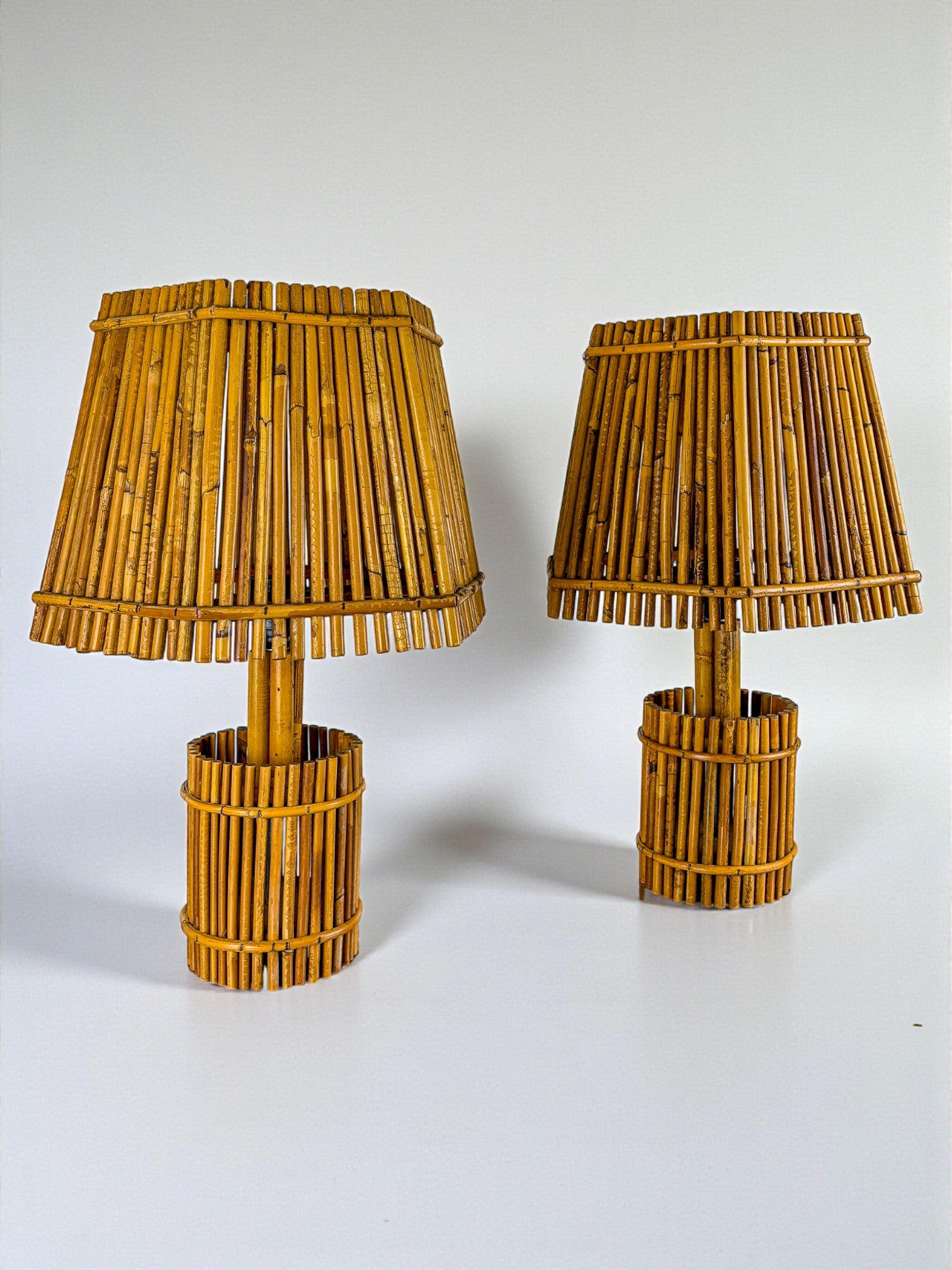 Pair of Large French Riviera Bamboo & Rattan Table Lamps, Louis Sognot's style, Circa 1960s