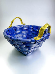 Brutalist large Basket by David Marshall,Cobalt blue rattan & bronze handle, 1980's