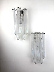 Pair of 2-tier Murano Mazzega wall lights, Iridescent White Frosted Glass, Italy, Circa 1960's