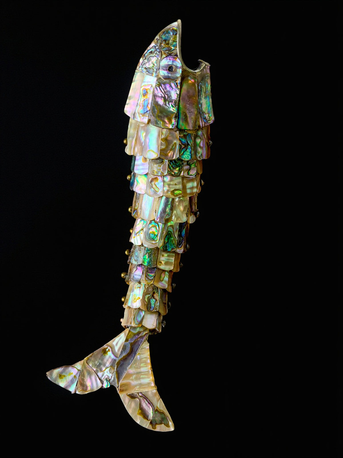 Articulated Abalone shell and Brass Fish Bottle Opener, Mexico, 1980's, 20 cm