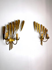 Large Pair of Gilt Metal Floral Wall Sconces, Italy, 1950s