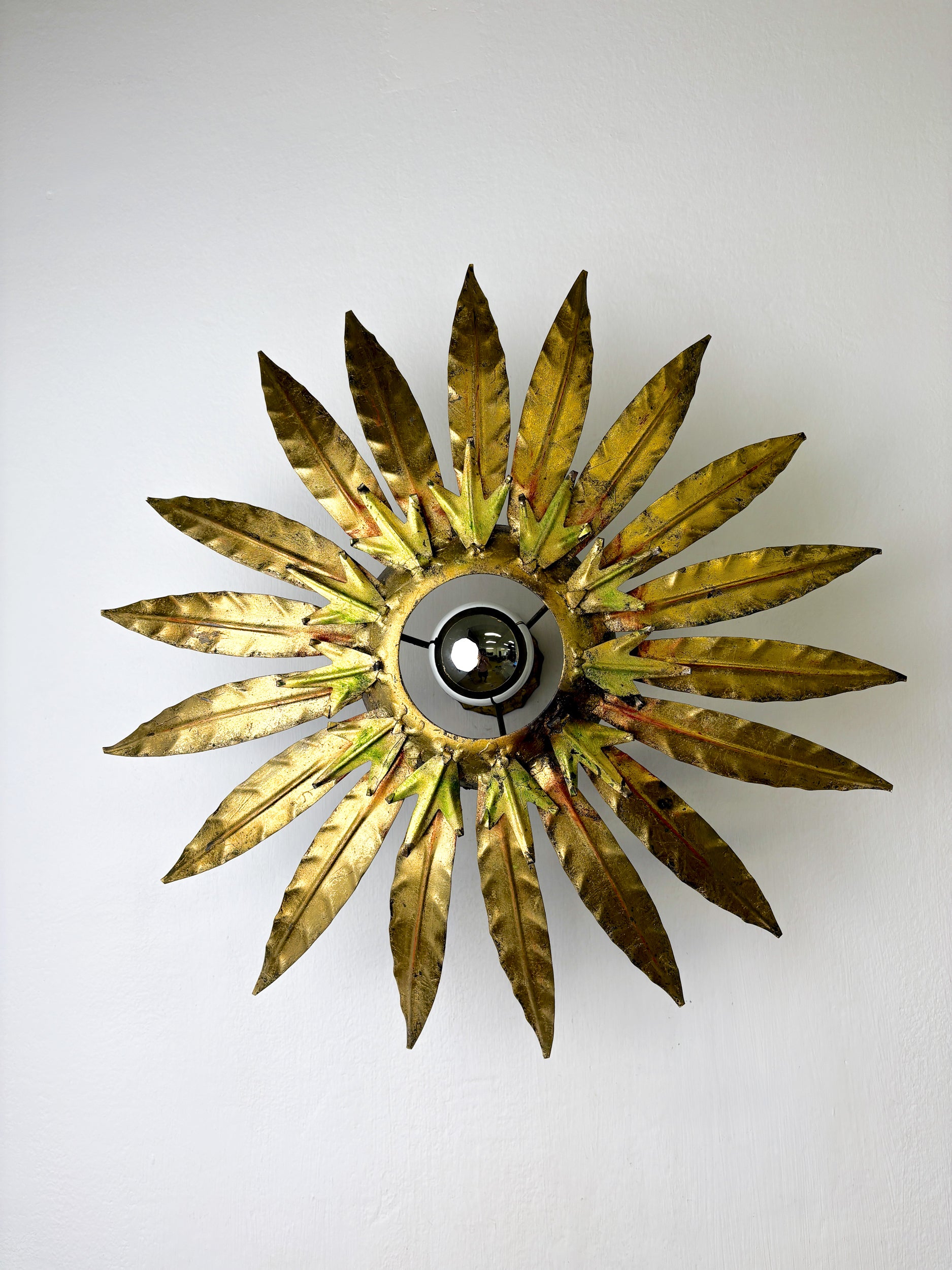 Mid-Century Modern Sunburst Light Fixture with Leaves, French Craftmanship, 1950's