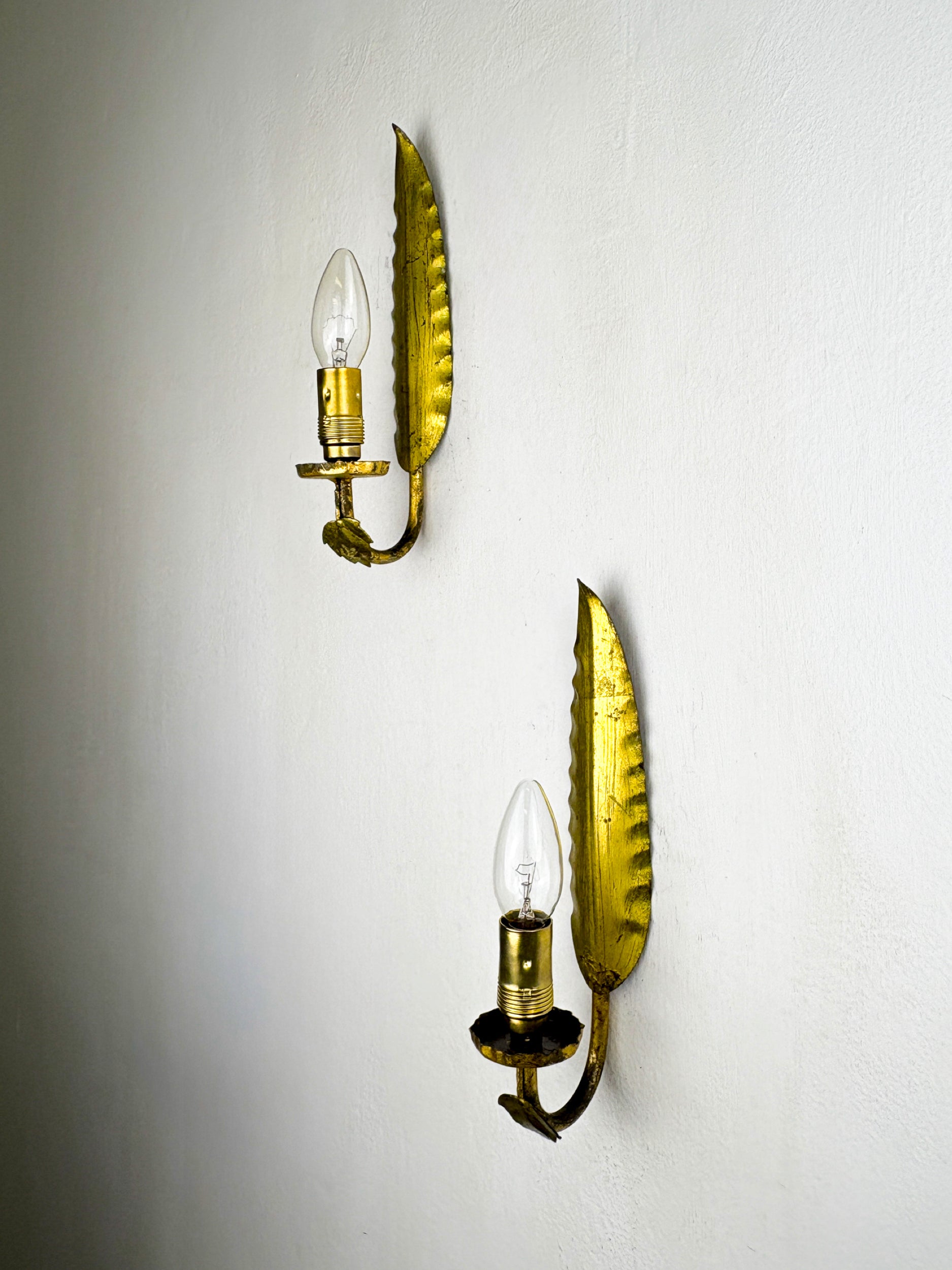 Pair of Spanish Foliage Wall Sconces, Leaf Arms & Bud Shades, Gilt Iron, 1970's