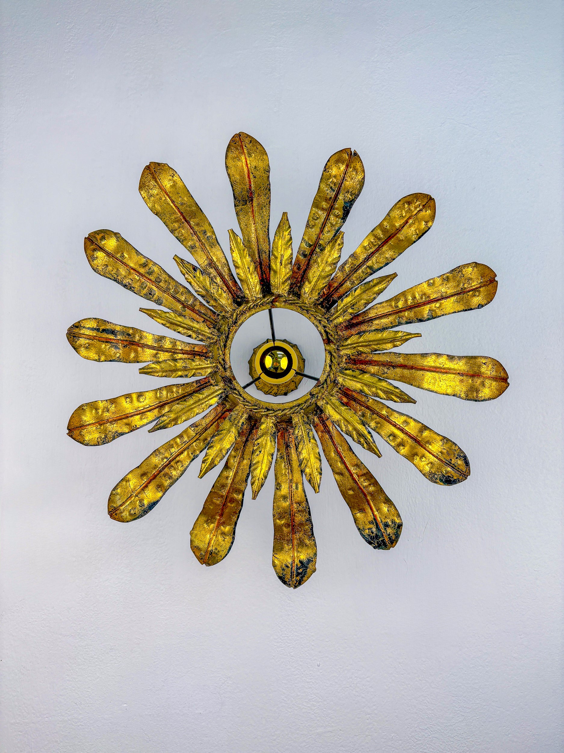 Large Spanish Sunburst Flower Leafed Light Fixture in Gilt Metal, 1960's