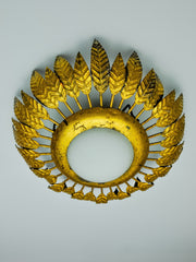 Sunburst Ceiling Lamp by Ferro Arte in Gold Leaf, Metal and Opaline Glass, Spain, 1960s
