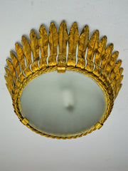 Sunburst Ceiling Light in Gilt Metal and Gold Leaf by Ferro Arte, Spain, 1960s