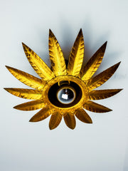 Midcentury Sunburst Floral Flush Mount Light Fixture, Gilt Iron, Spain, 1960's