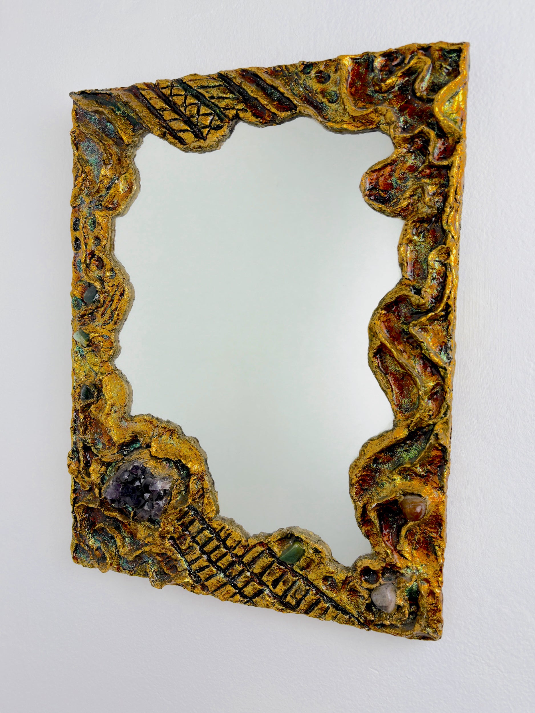 Italian Brutalist Resin and Stones Mirror, 1970's