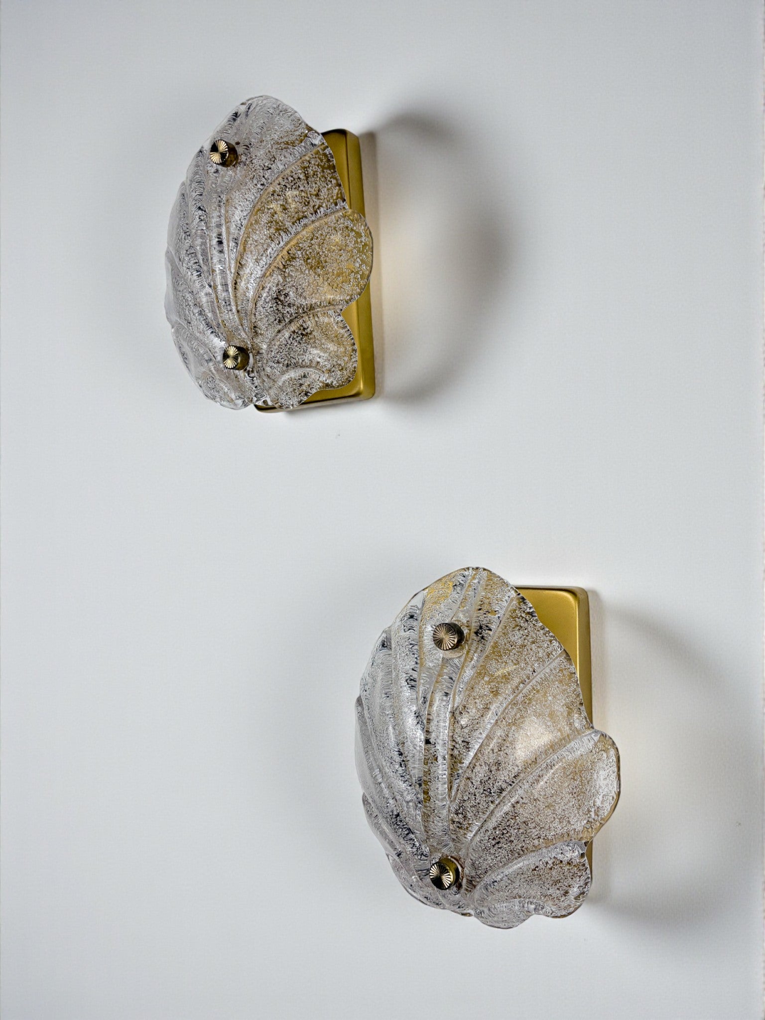 Pair of Murano Frosted Leaf Sconces, Textured Glass & Gilt details, Italy, Circa 1970's