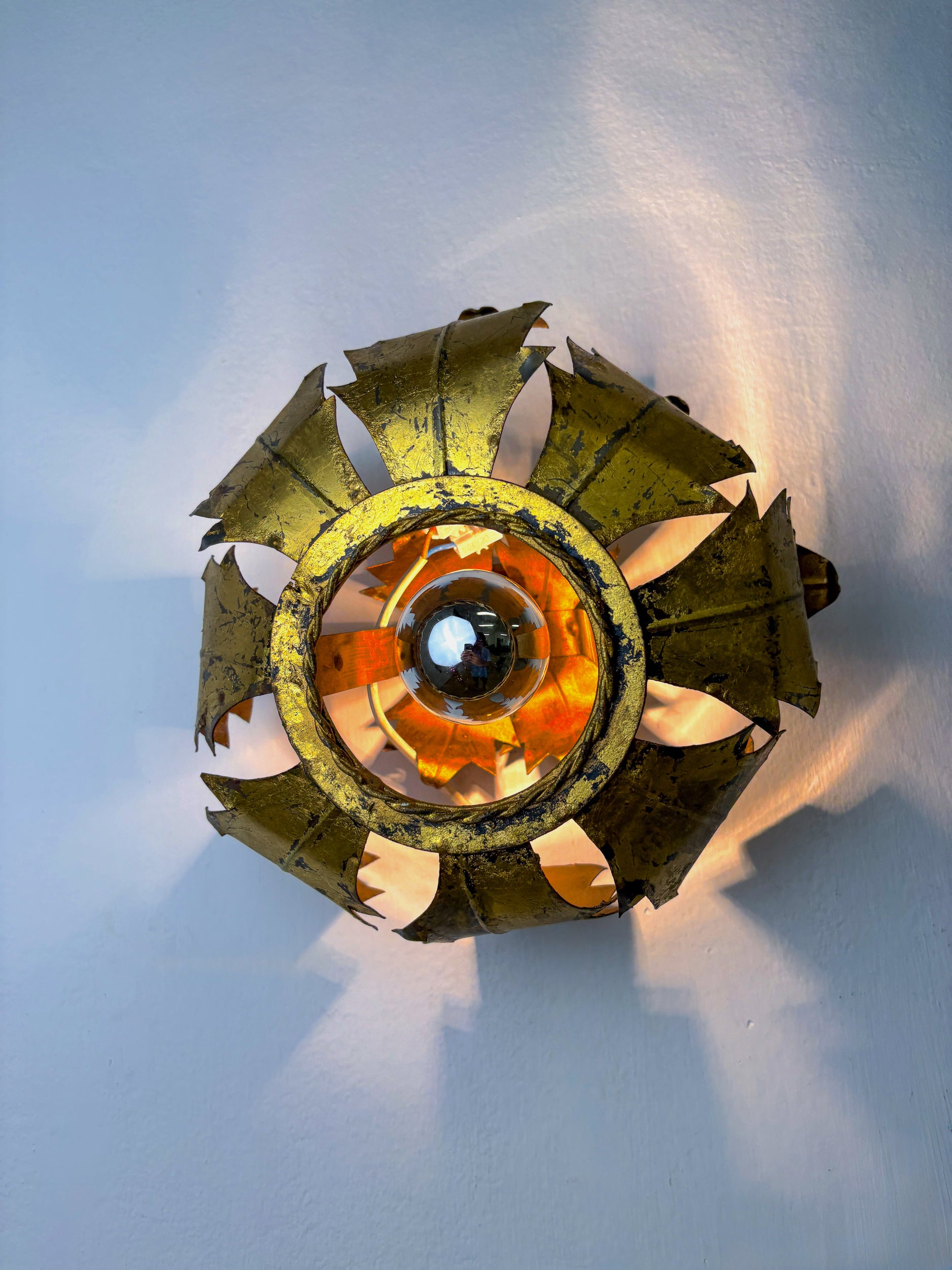Spanish Sunburst ceiling light fixture or sconce in Gilt Iron, 1970's