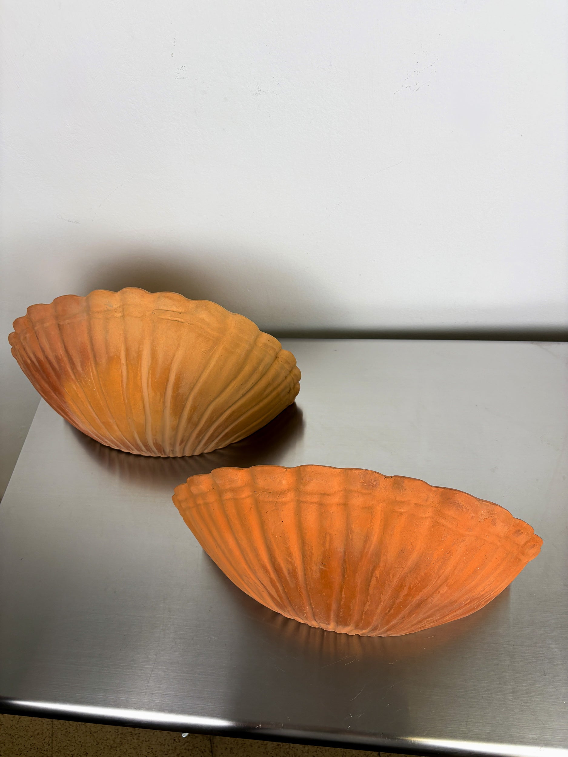 Pair of vintage italian Shell Wall sconces, large terracota sculptures, Circa 1980's