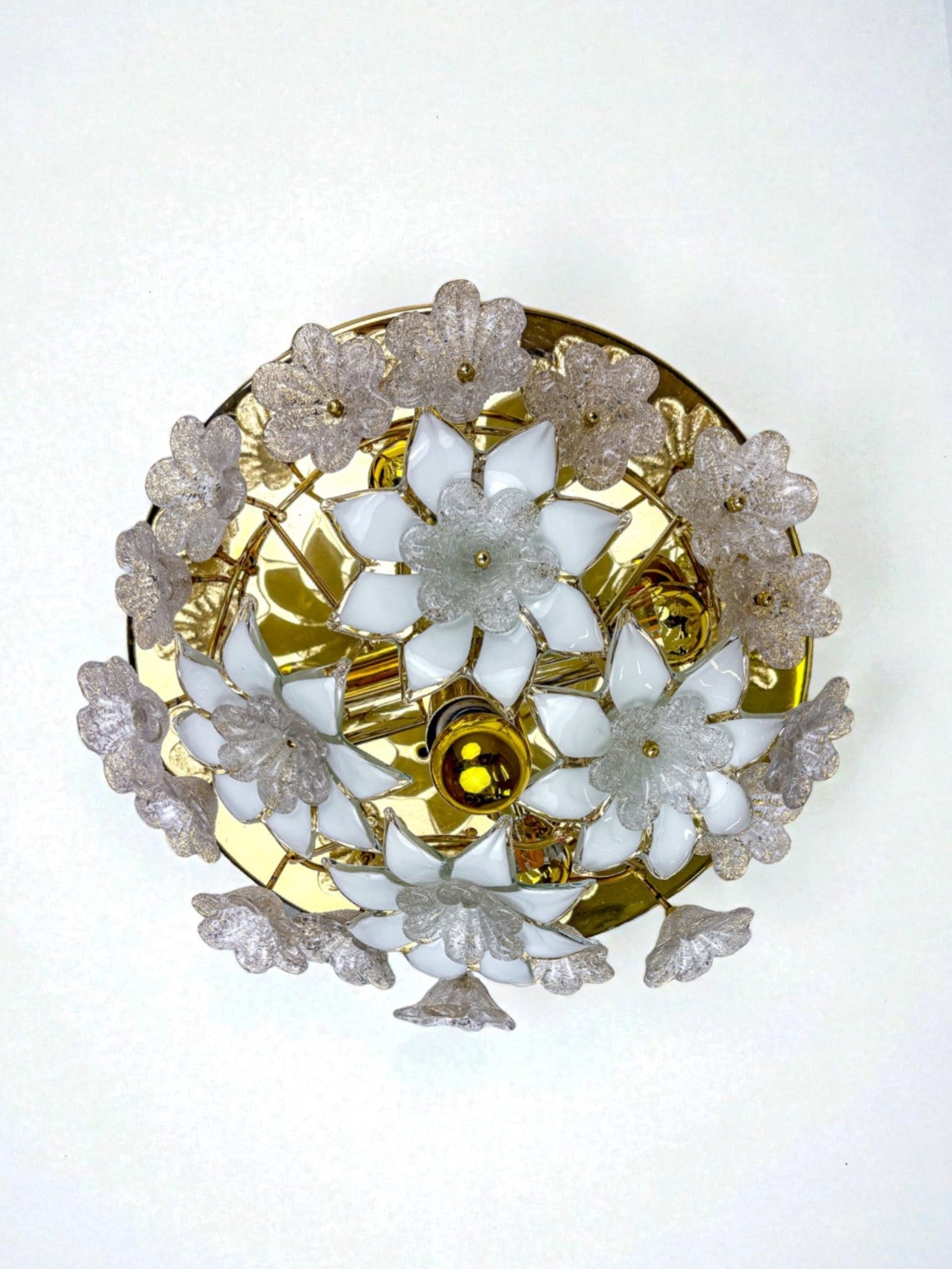 Large Italian Murano Glass White Frosted Flowers Ceiling Flush Mount, 1970s