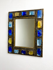 Italian Mid-Century Mirror by Creaciones Gobesso, Blue & Yellow Murano Rock Crystals, Circa 1960's