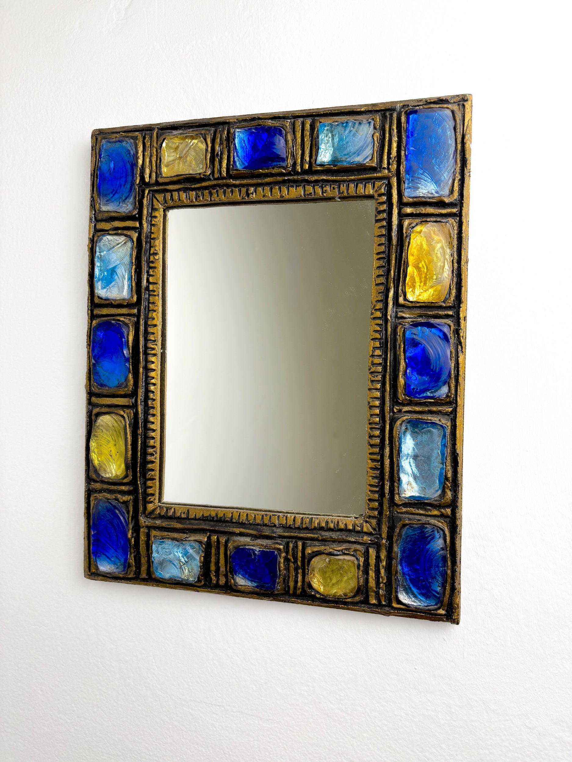 Italian Mid-Century Mirror by Creaciones Gobesso, Blue & Yellow Murano Rock Crystals, Circa 1960's