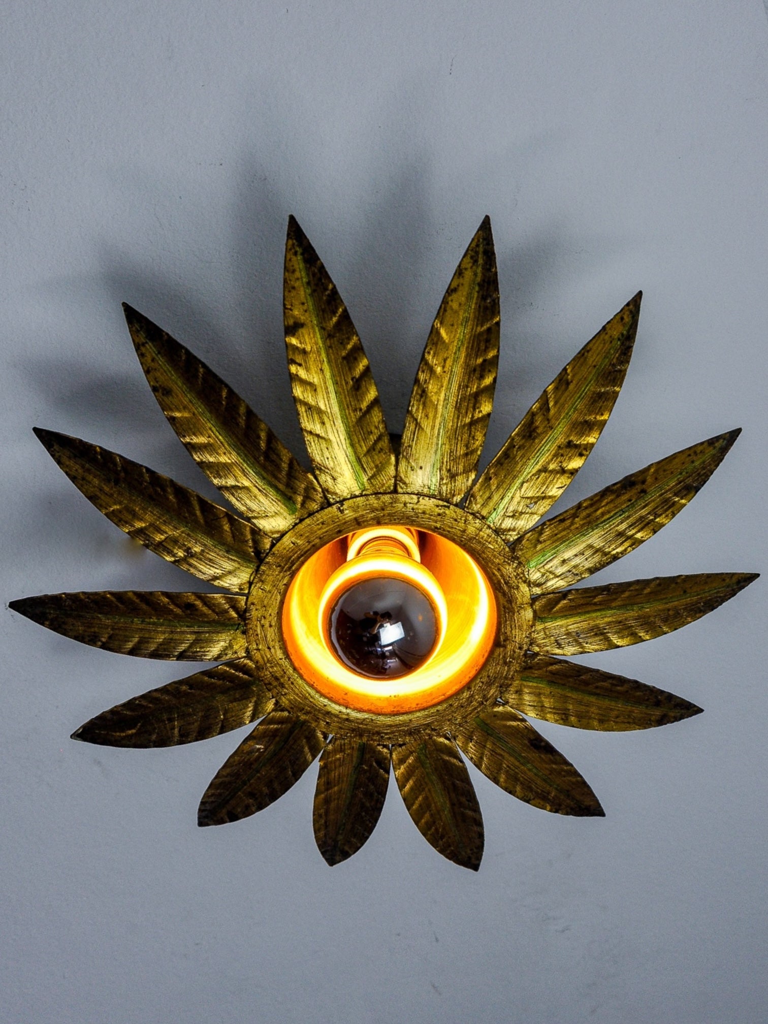 Midcentury Sunburst Floral Flush Mount Light Fixture, Gilt Iron, Spain, 1960's