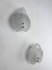 Pair of Murano Frosted Leaf Sconces, Textured Glass & Gilt details, Italy, 1970