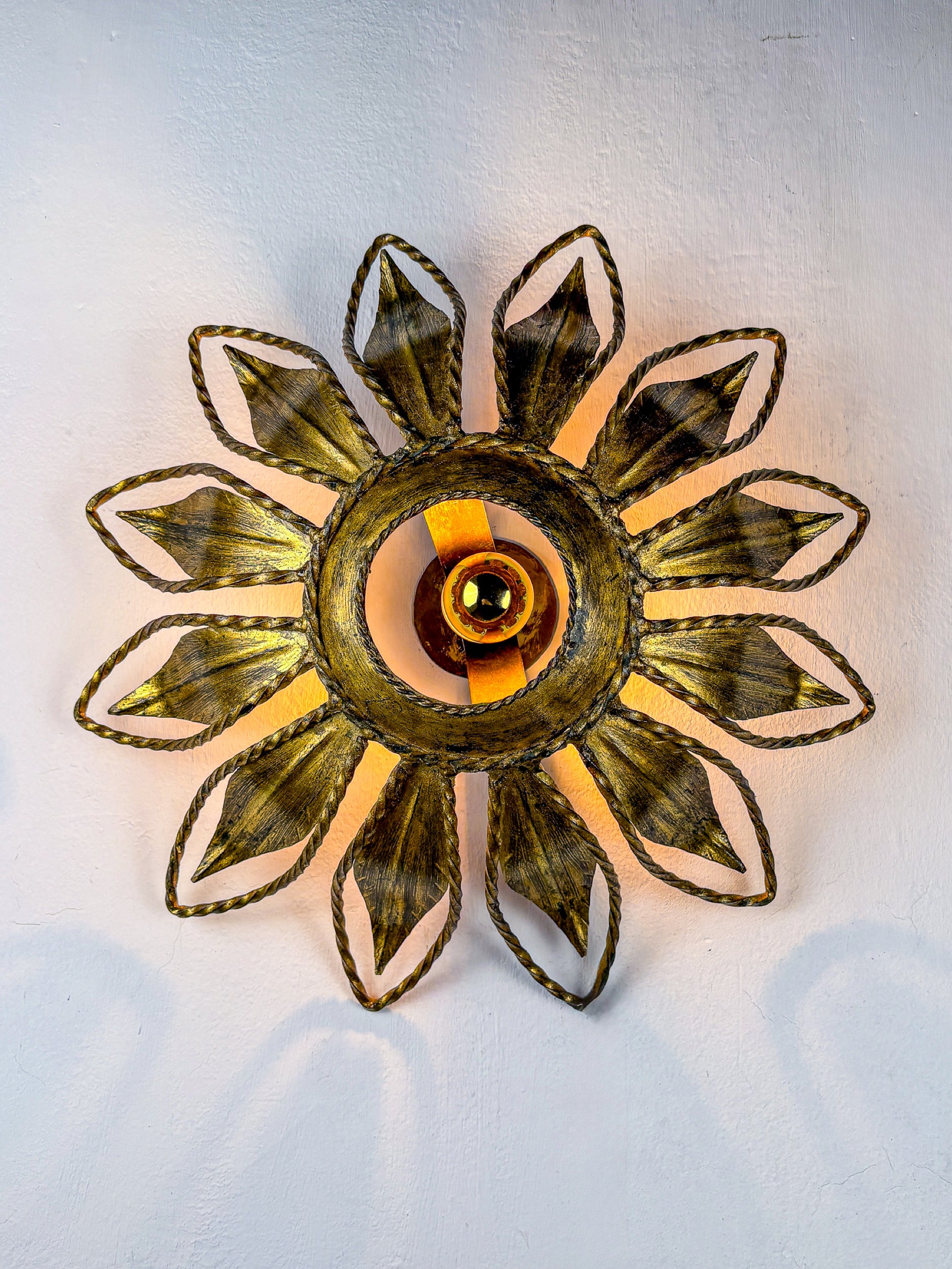 Sunburst ceiling light fixture or sconce, Gilt Iron & Exposed Bulb France, 1970's