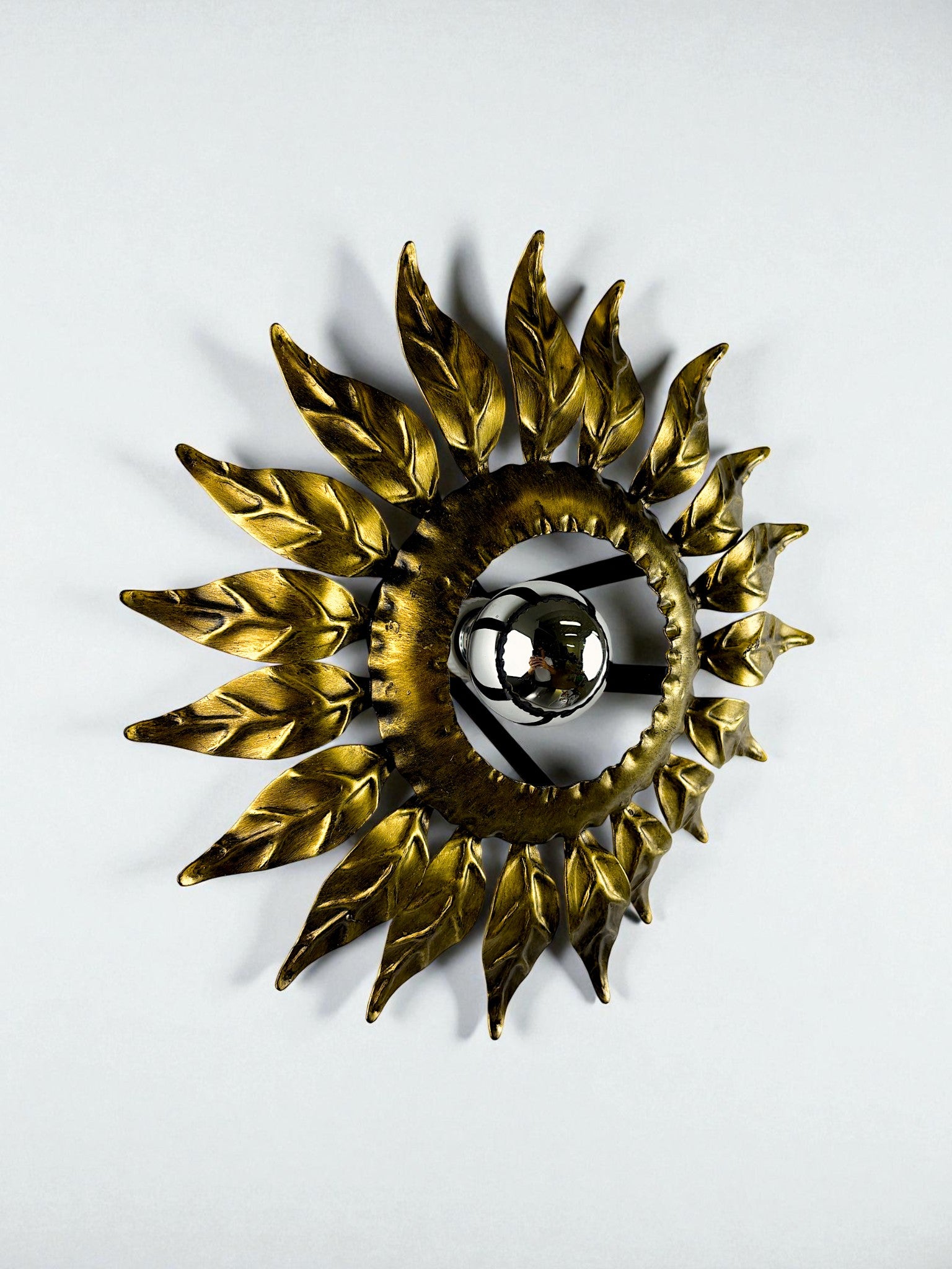 Sunburst ceiling light fixture or sconce in Gilt Wrought Iron, Spain, Circa 1960's