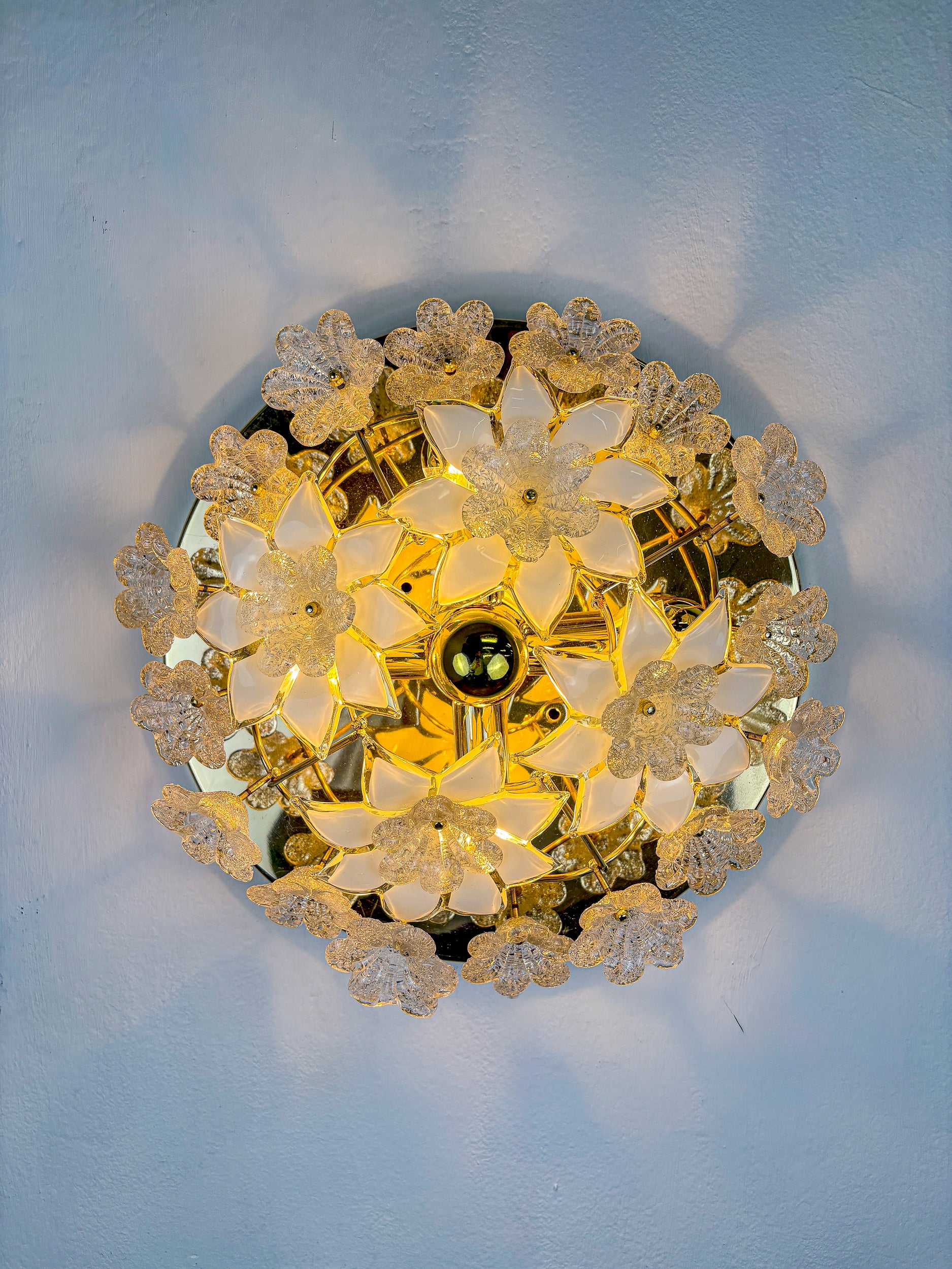 Large Italian Murano Glass White Frosted Flowers Ceiling Flush Mount, 1970s
