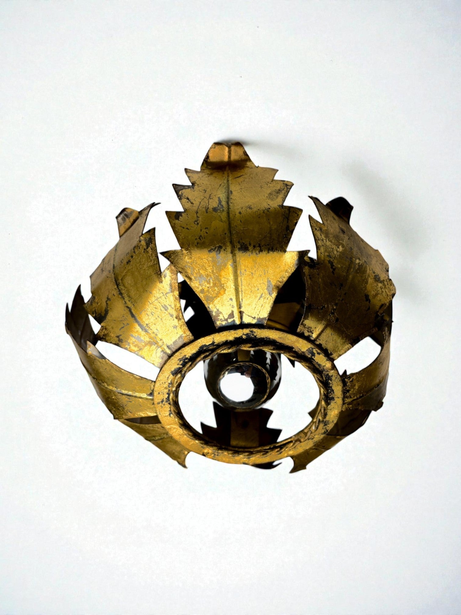 Spanish Sunburst ceiling light fixture or sconce in Gilt Iron, 1970's