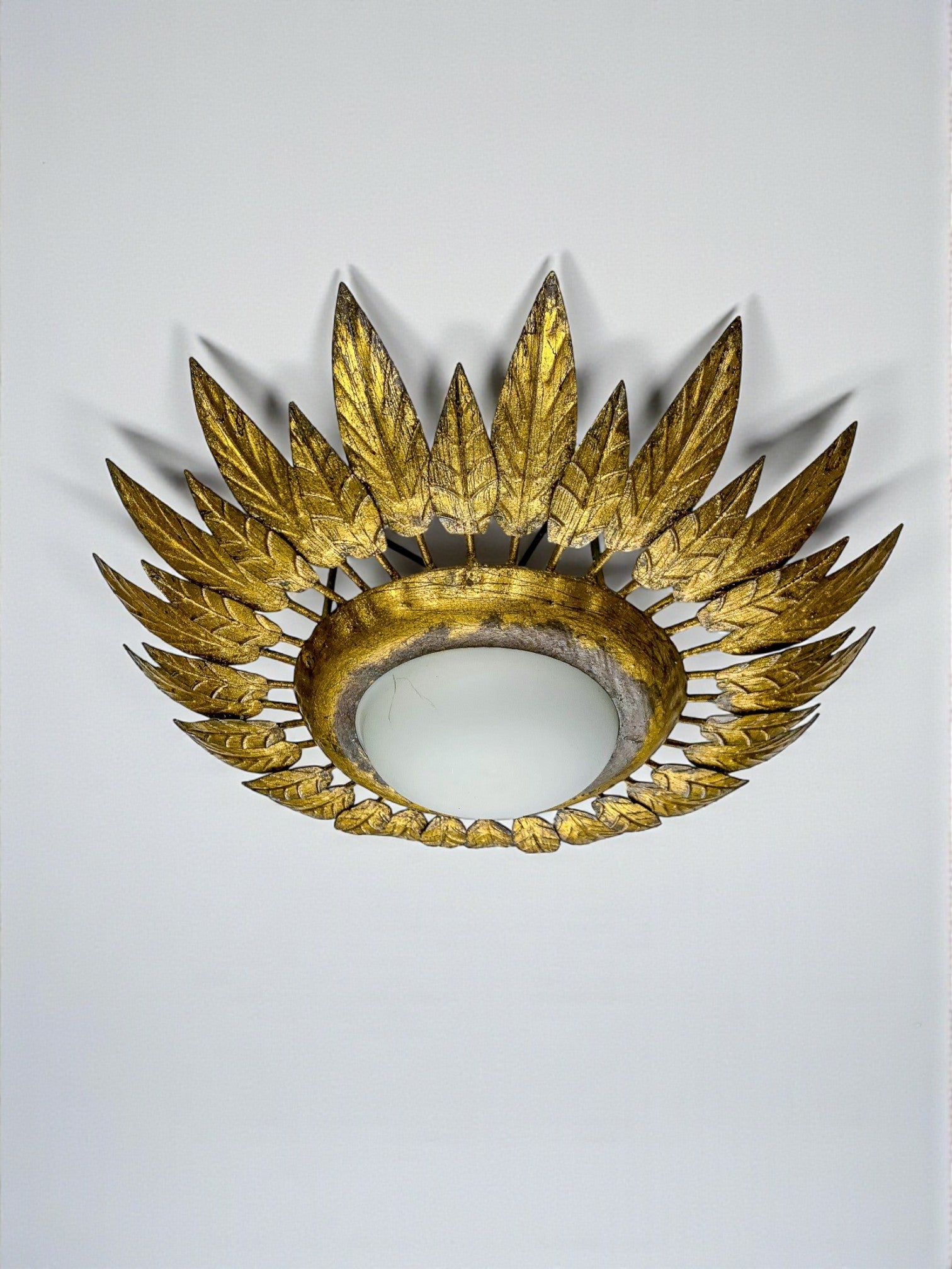 Spanish Sunburst Ceiling Light – Opaline Glass & Gilt Iron Foliage, 1960s