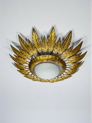 Spanish Sunburst Ceiling Light – Opaline Glass & Gilt Iron Foliage, 1960s