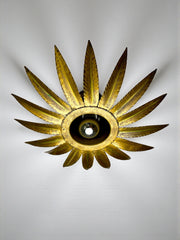Spanish Sunburst Flush Mount Light Fixture in Gilt Iron, Ferro Art, 1960's