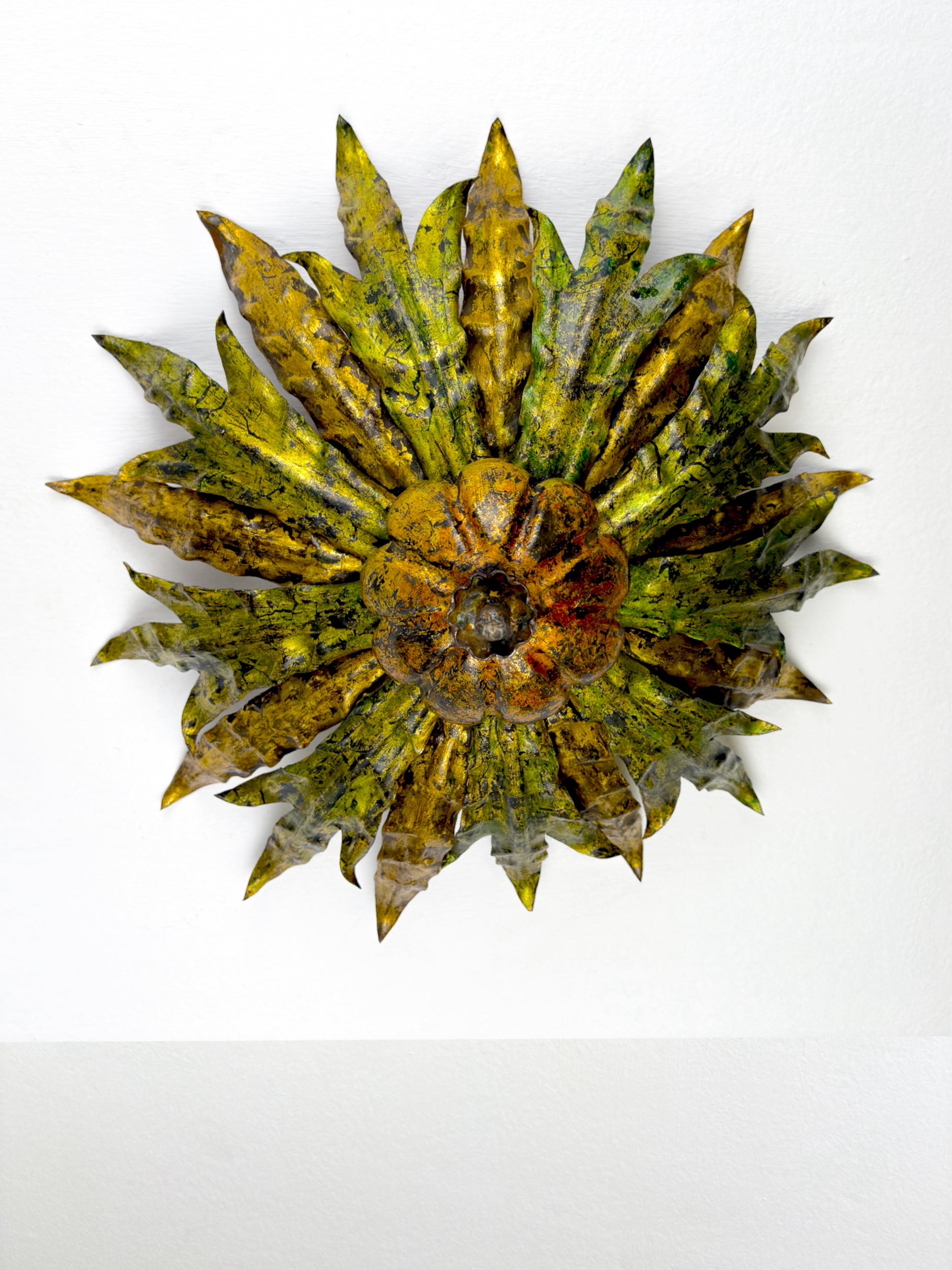 Mid-century Spanish Sunburst Foliage Ceiling Light Fixture or sconce, Green and Gilt Iron, 1950s
