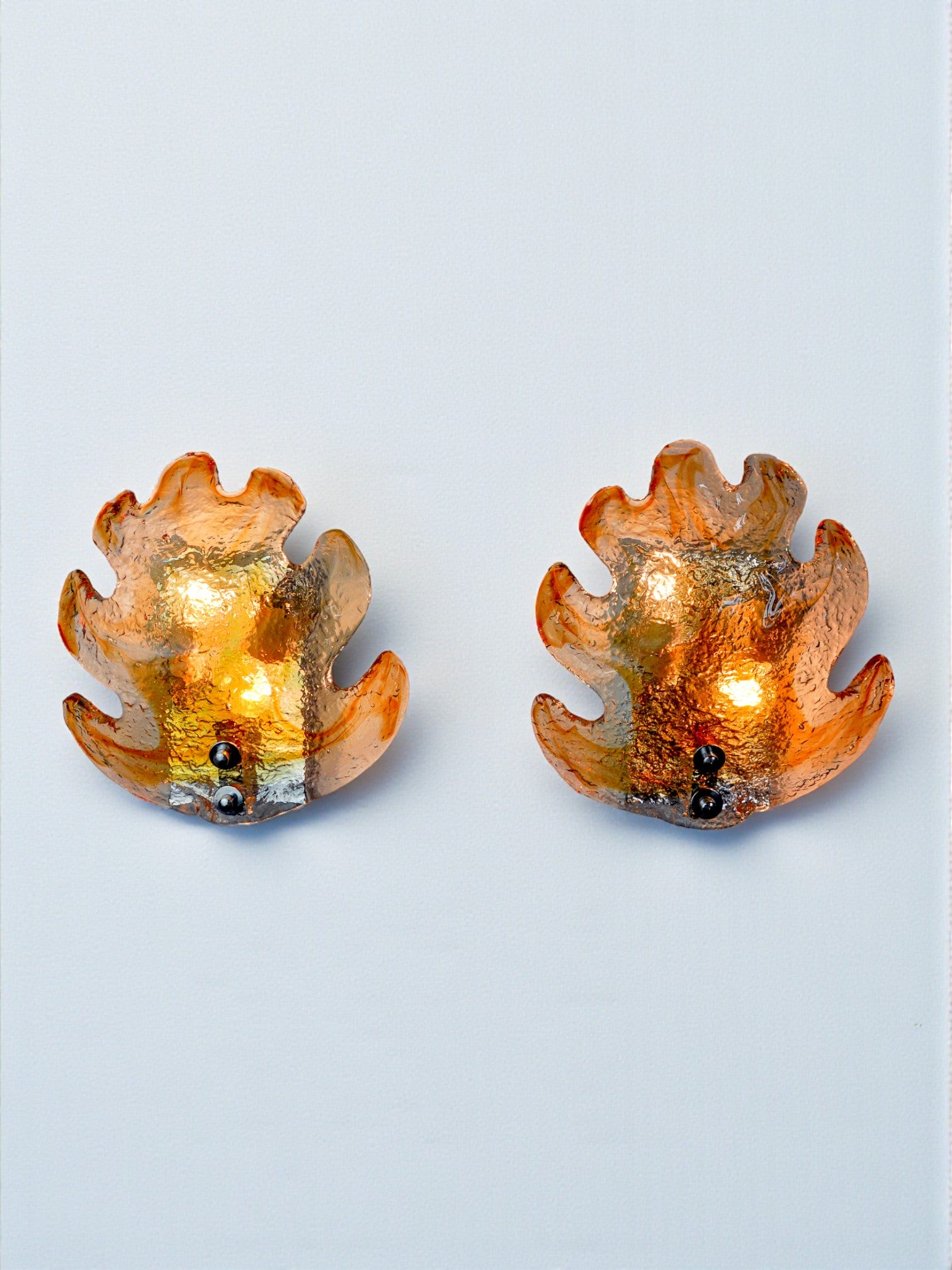 Pair of xl "leaf" wall lights by Murano Mazzega in orange frosted glass Italy 1970