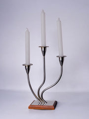 Art deco candlestick in stainless steel and rosewood 3 flames, Spain, 1970