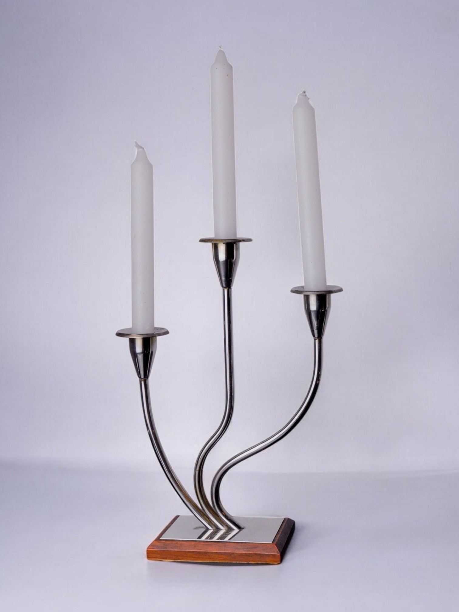 Art deco candlestick in stainless steel and rosewood 3 flames, Spain, 1970