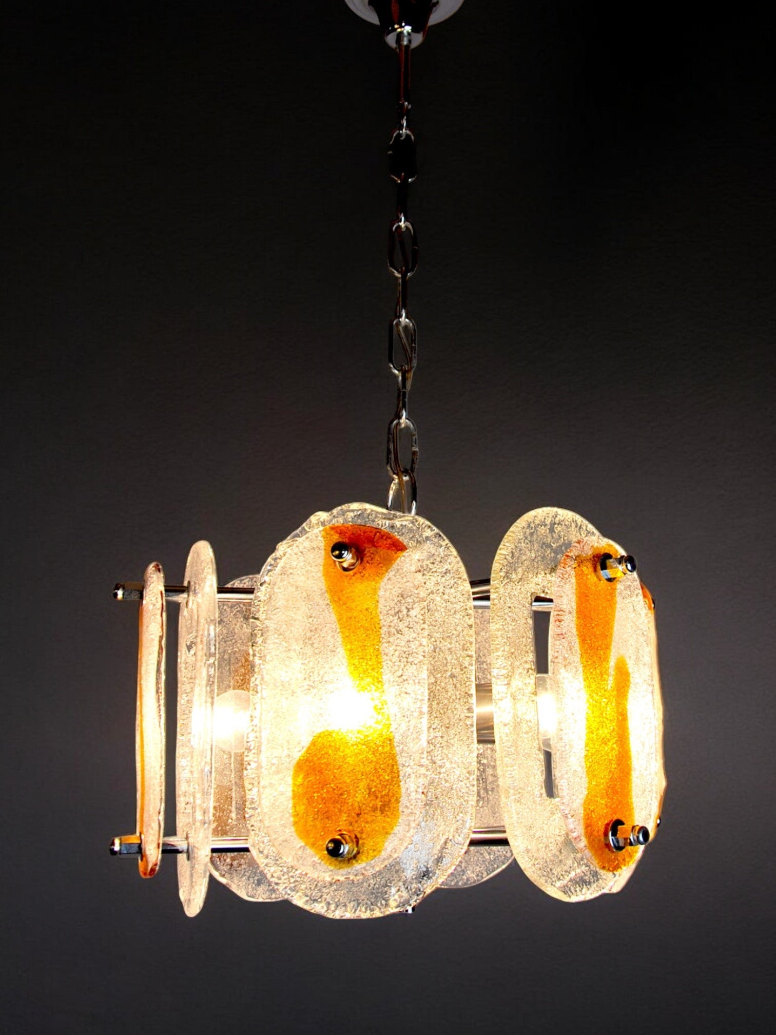 Mazzega murano chandelier, orange frosted glass, italy, 1970